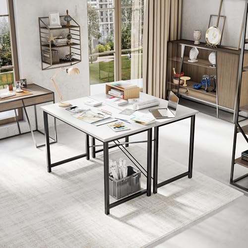 Image of DUMOS 47 Inch Computer Desk for Home Office, Modern Study Work Table Simple Modern Style for Bedroom Small Space, Writing Desks with X-Shaped Reinforcement, Wood White