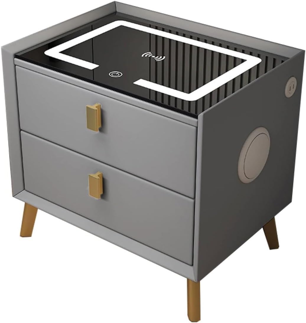 BHGFYXBS Smart Led Nightstand Wood End Table W/Wireless Charging Station Bedside Cabinet Bluetooth Fingerprint Lock Bedside Dresse Space Saving,White-30X40Cm,Dark Gray-30X40Cm,Dark Gray-30x40cm