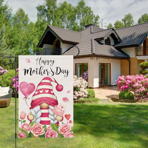 Heyfibro Happy Mother's Day Gnome Garden Flag 12x18 Double Sided Burlap, I Love Mom Flower Rose Love Heart Yard Banner for Spring Outside Outdoor House Mothers Day Decoration (ONLY FLAG) - Image 3