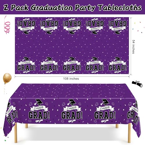 Image of 2 Pcs Graduation Tablecloth, 108 inch X 54 inch Plastic Graduation Decorations 2026, Rectangle Purple Table Cover for Grad Decor Party Supplies, Disposable Tablecover for Class of 2026 Congrats Grad for Kids
