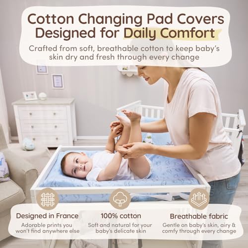 Image of Baby Changing Pad Covers Table Sheet 32 inchx 16 inch, 8 inch Deep Pocket - Diaper Cotton Dinosaur Changing Pad Cover, 100% Cotton Cover Sheets 2 Pack, Dino Baby Sheets, Designed in France, Dino Safari