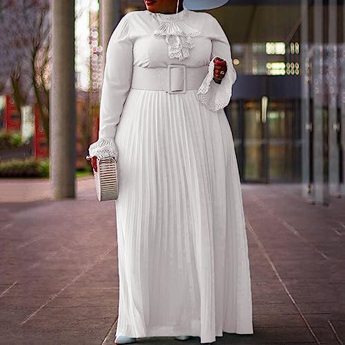 VERWIN Plus Size Floor-Length Solid Long Sleeve Pleated Women's Maxi Dress Prom Dress with Belt2