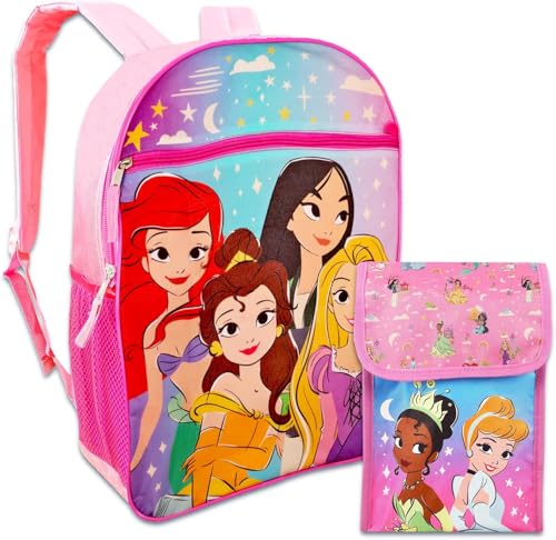 Disney Princess School Backpack With Lunch Box For Girls, Kids ~ 4 Pc Bundle With 16" Princess School Bag, Lunch Bag, Stickers, And More (Disney Princess School Supplies)2