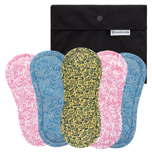 Bamboolik|Waschbare Slipeinlage | Satin & Bio-Baumwolle | Druckknopf |5er-Set - 2x Hellblau,2x Rosa, 1x Gelb + mini Wetbag Schwarz|wiederverwendbar|MADE IN EU|Stoffslipeinlagen Ausfluss|Stoffbinden Cover