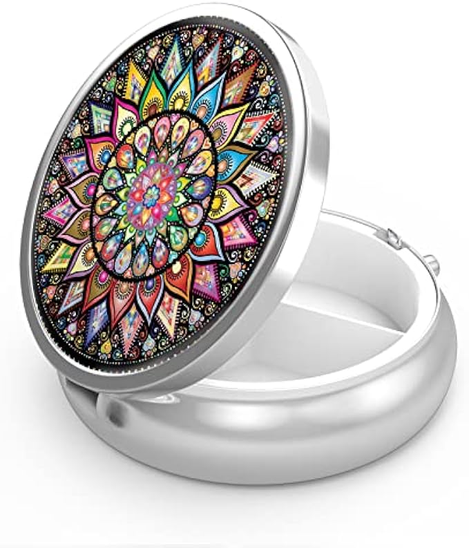 Pill Box 3 Compartment Medicine Pill Organizer,Portable Pill Box for Pocket or Purse Pill Box Decorative Metal Medicine Vitamin Organizer Unique Gift(Geometric Colorful Mandala)