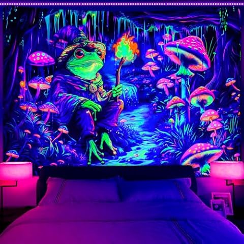 Invoibler Blacklight Frog Tapestry Hippie Mushroom Tapestries UV Reactive Forest Cave Tapestry Magic River Tapestry Funny Witch Tapestry Wall Hanging for Bedroom(59.1 x 82.7 inches) Cover