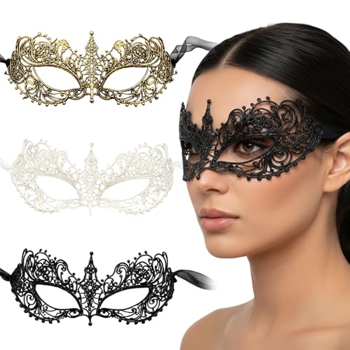 Yupaluz 3Pcs Masquerade Mask Women Lace Mask for Half Face Venetian Style Party Masks Adults for Costume Balls Prom Carnival & Halloween Events(Gold Black & White)