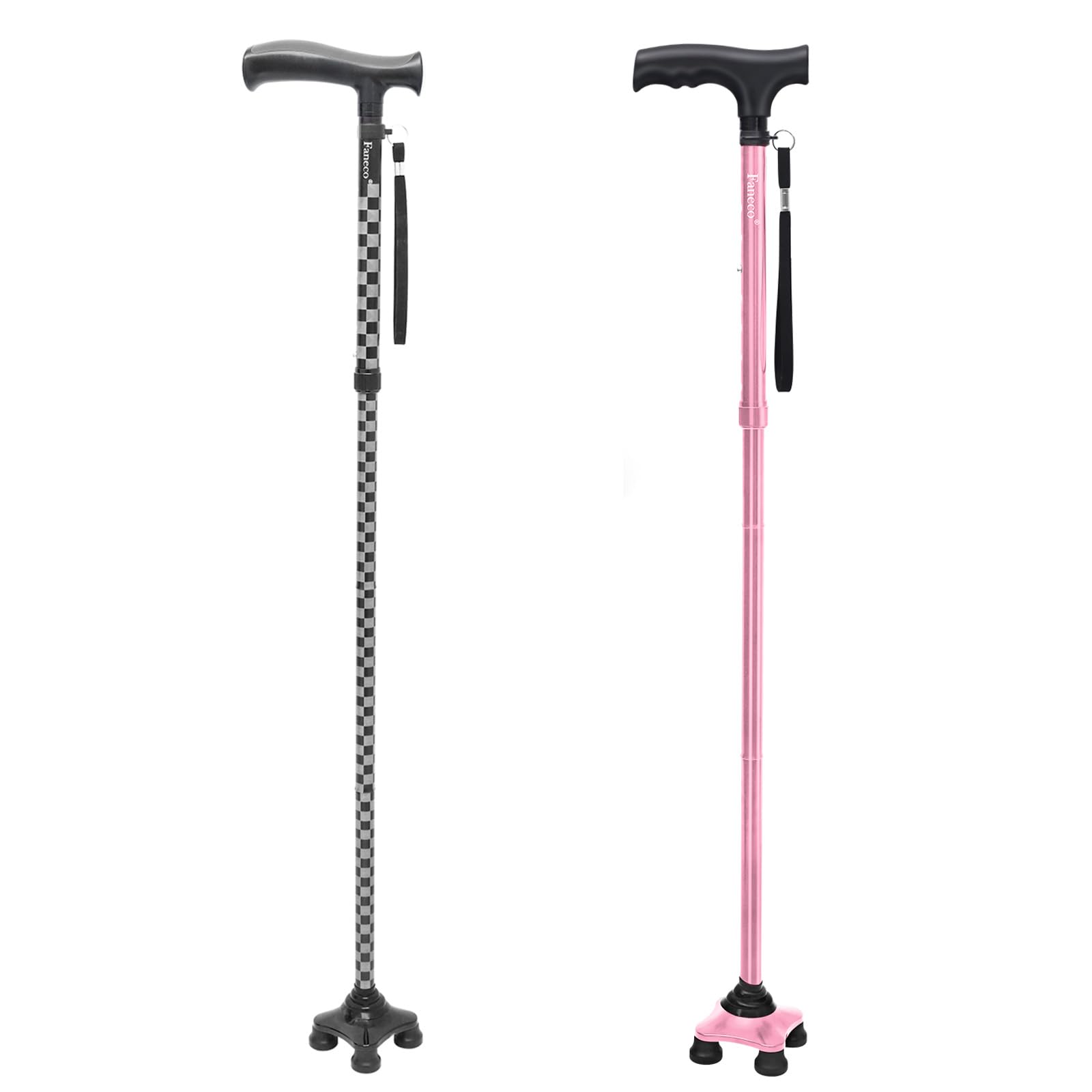FANECO Walking Cane for Elderly, Folding Walking Stick for Seniors, Pivoting Quad Base, Lightweight Adjustable Walking Stick for Men/Women