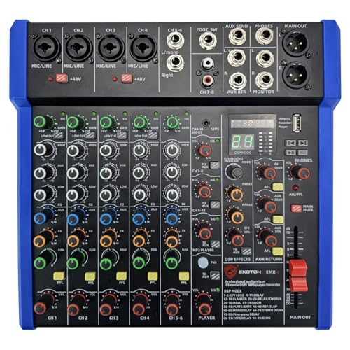 EXOTON Professional Audio Mixer Console, 6 Channel with USB, Bluetooth, MP3 Input, 48V Phantom Power, Ideal for Studio, Live Performance, and DJ Use