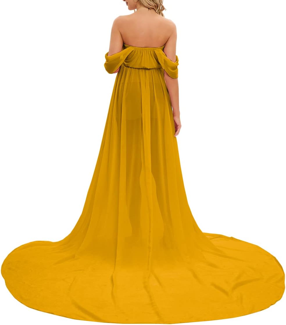 ZIUMUDY Maternity Maxi Chiffon Gown for Photoshoot Photography Off Shoulder Wraped Sheer Chiffon Dress
