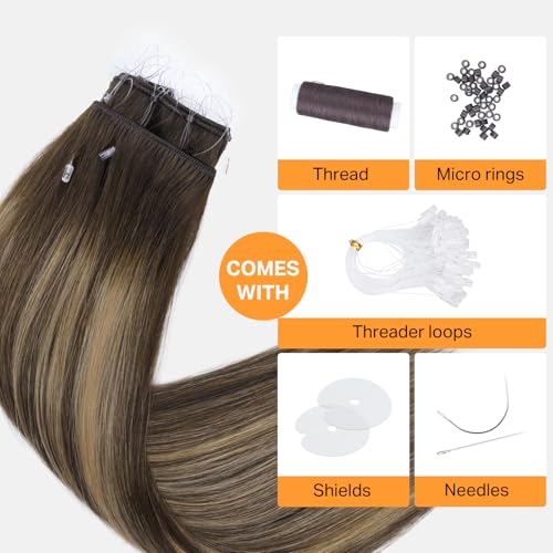 Image of DOORES Beaded Weft Hair Extensions 24 Inch Balayage Chocolate Brown to Caramel Blonde 120g Thick Human Hair Beaded Weft Extensions for Women