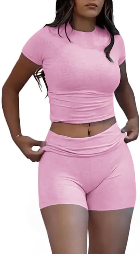 ZFLM Casual Workout Two Piece Outfits for Women Short Sleeve Crop High Waist Foldover Shorts Tracksuit Sets Streetwear