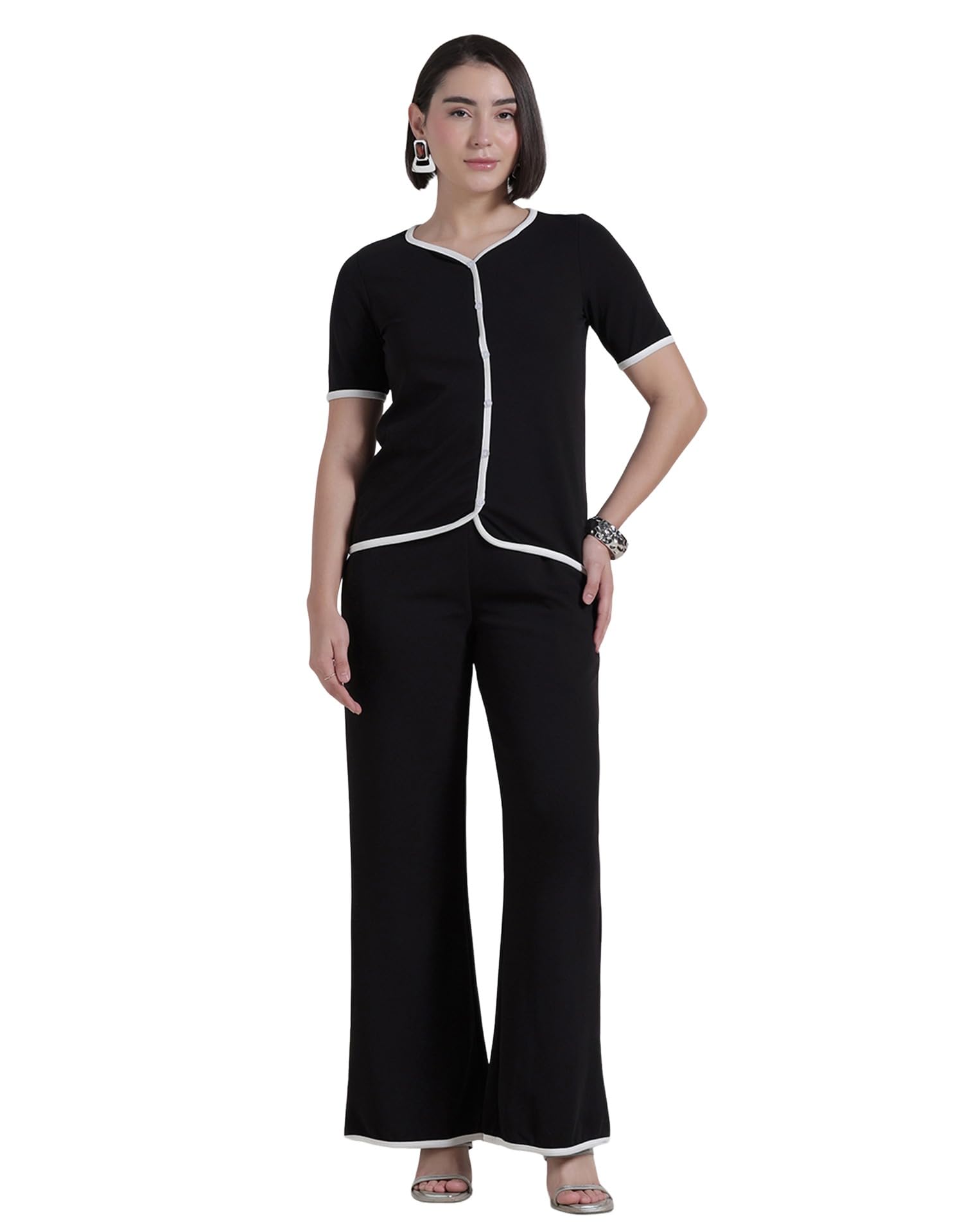 Maroon Lycra Two-Piece Set with White Piping – Top & Flared Pants for Women-image-10