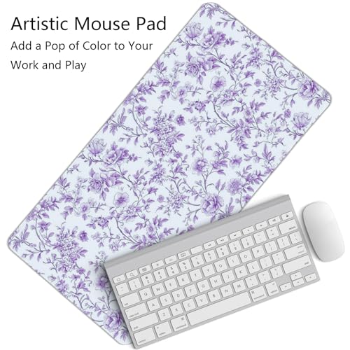 Image of Purple Chinoiserie Mouse Pad,Vintage Purple and White Floral Desk Mat,XL Large Vintage Flowers Preppy Mouse Pad,Girly Laptop Desk Mat for Dorm Home Office,23.6x11.8 Inch