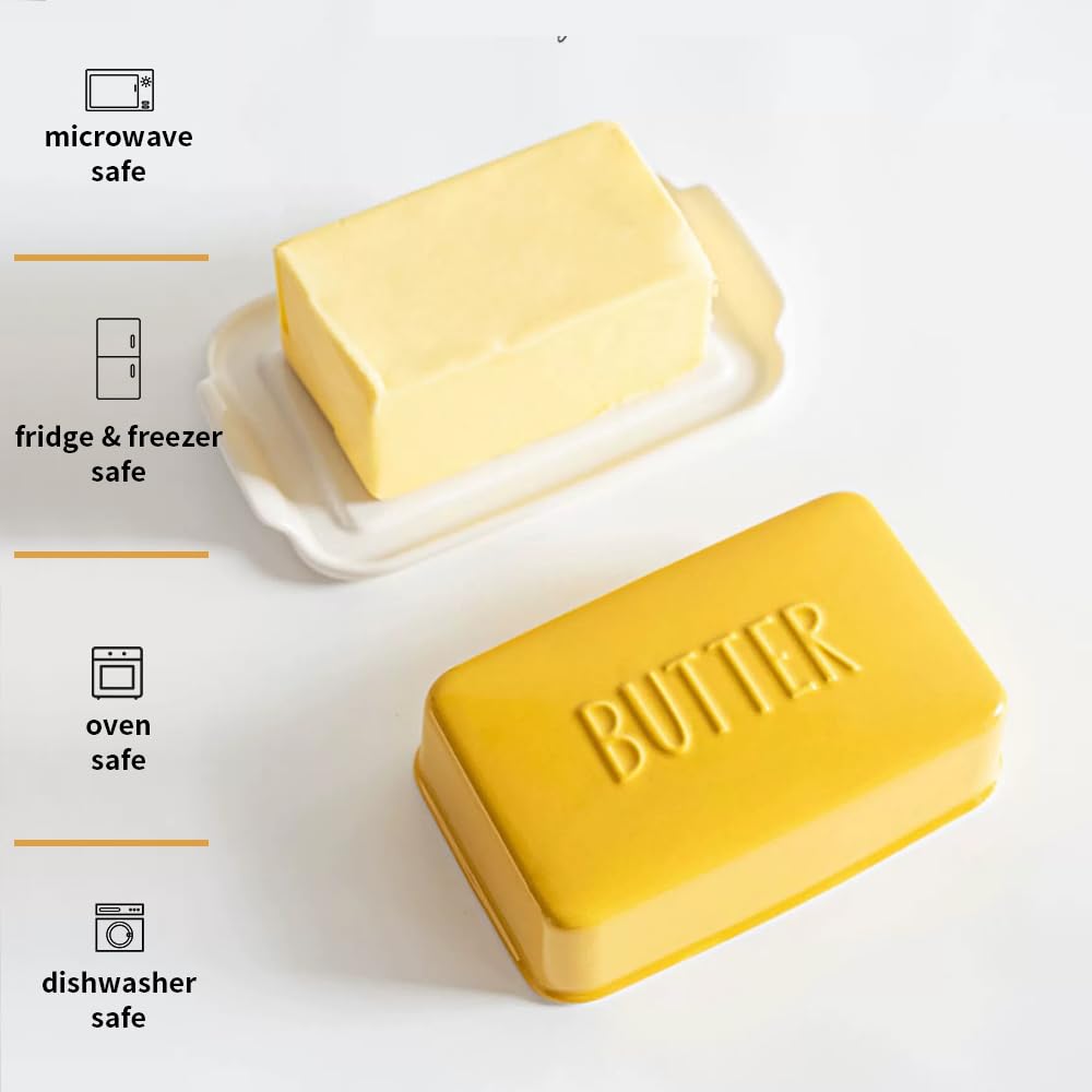 Porcelain Butter Dish With Lid - Countertop Butter Holder For One Stick, Textured Tray, Yellow, Small Size - View #9