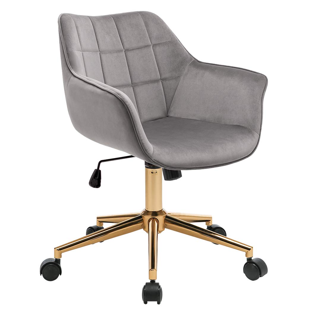 Duhome Modern Home Office Chair Velvet Desk Chair with Gold Metal Base with Mid Back Cute Ergonomic Computer Desk Chair Task Chair with Arms, Wheels Adjustable Swivel 1PCS Grey
