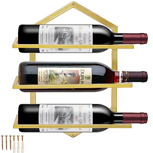 YALINKA Wall Mounted Wine Stemware Rack, Metal Hanging Wine Glass Display Holde Holds 3 Cups 2 Bottles, Elegant Storage for Kitchen Dining Room Bar Wine Cellar (Gold B1)