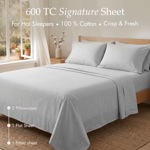 Image of Threadmill 600TC Cotton Full Sheet Set, Sateen, Damask Stripe, Light Grey