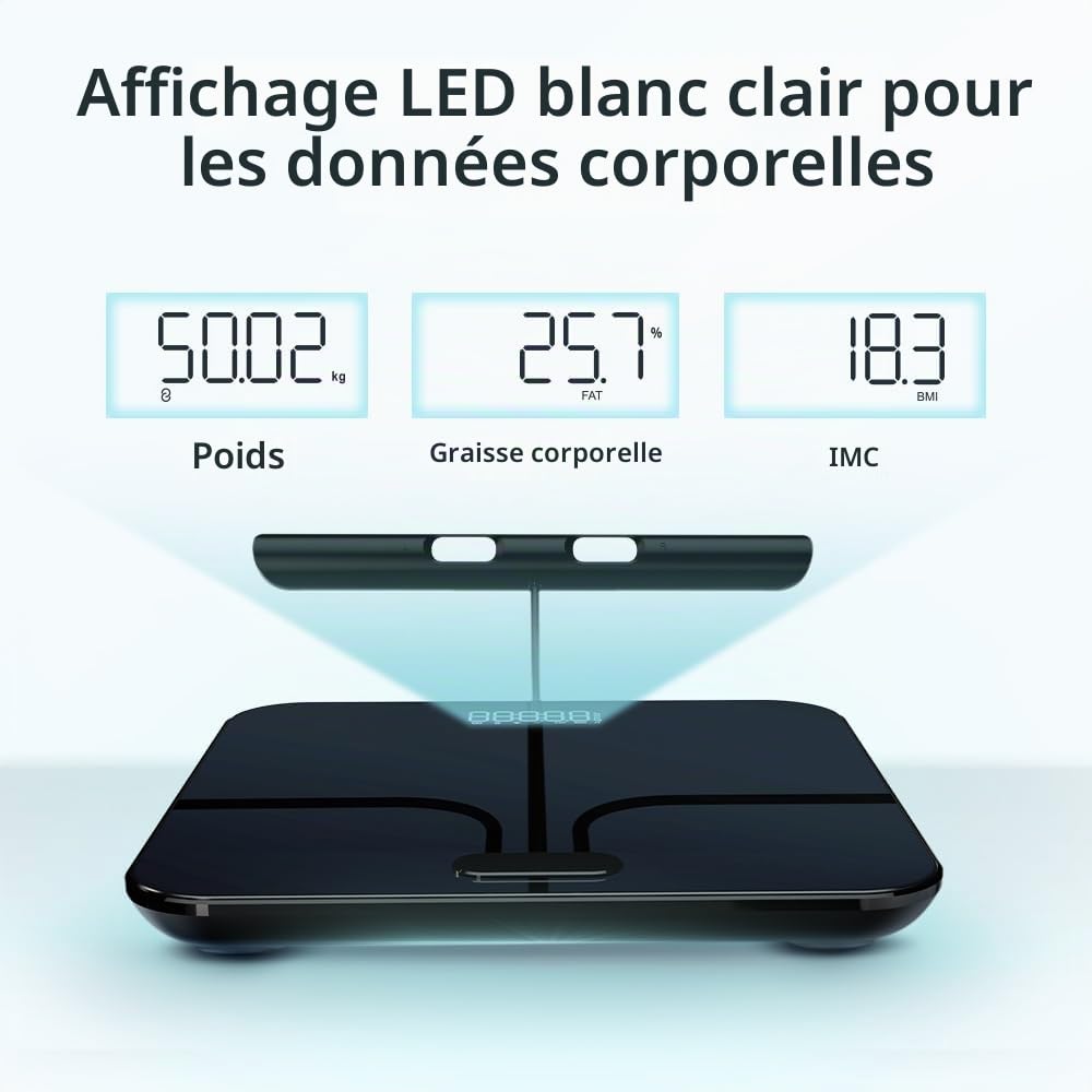 Fitdays Balance d'analyse corporelle intelligente -Balance IMC numérique de précision à 8 électrodes avec 20+métriques, affichage couleur Bluetooth pour muscle/graisse/eau (FI2211WB-Noir)