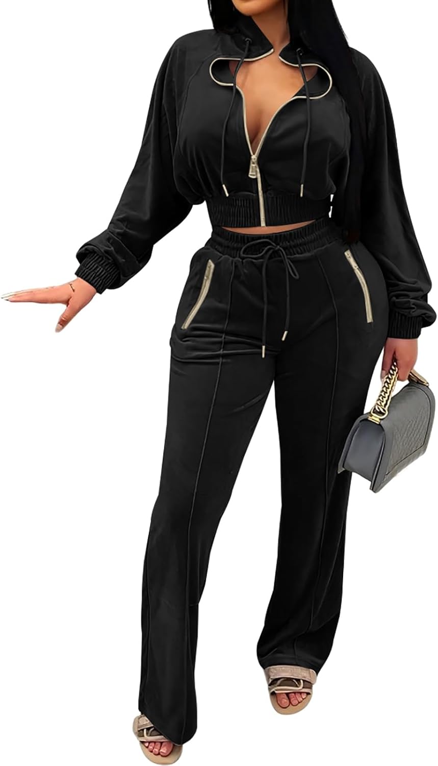 Adogirl Women 2 Piece Outfits Velour Sweatsuit Jogging Suit Full Zipper Sweatshirt + Wide Leg Sweatpants Tracksuit Lounge Set