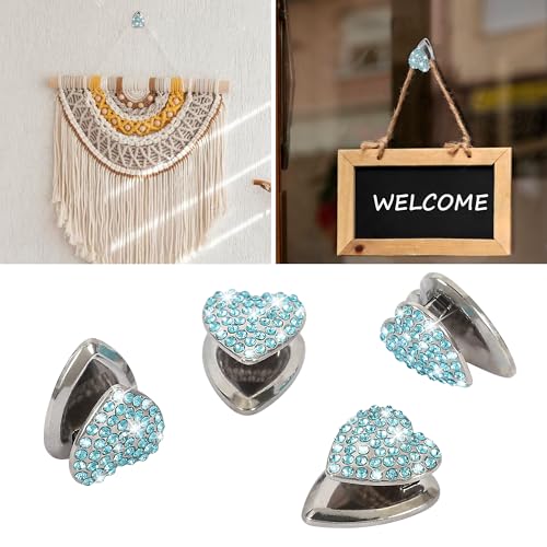 TOMALL Bling Heart Shape Car Hooks 4pcs - Cute Dashboard Hook for Keys, USB Cable, Sunglasses - Multifunctional Hanging Storage Universal Diamond Accessories for Home DIY Decor (Light Blue)