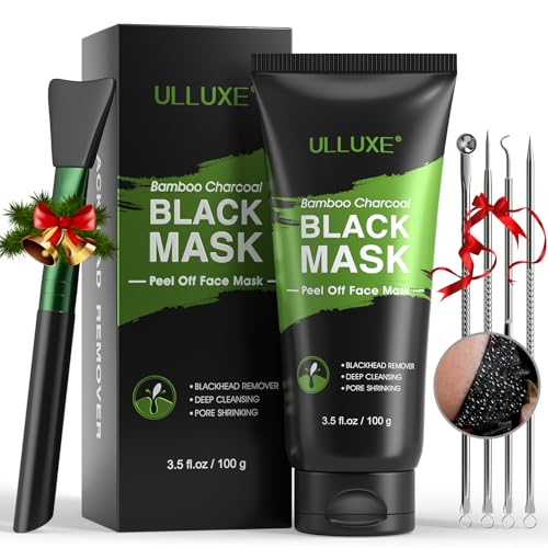 ulluxe Blackhead Remover Mask Kit, Charcoal Peel Off Mask for Face Nose Blackheads Acne and Deep Pores Cleansing, Black Face Mask Peel, Charcoal Mask with Brush and Pimple Extractors, (3.5 Fl.oz)