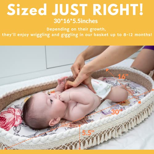 Baby Changing Basket Set - Macrame Boho Moses Basket For Babies Handmade 100% Cotton Rope Woven Portable Nursery Decor Waterproof Pad & Floral Pad, Milestone Cards, Changing Table Topper For Dresser #TOP1