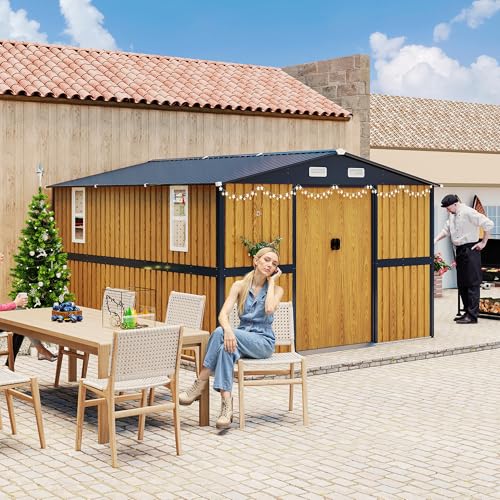 Image of KEIKI 10x12 FT Outdoor Metal Storage Shed with Lockable Doors, Windows, and Ventilation, Garden Shed for Backyard, Patio, or Tool Storage, Yellow