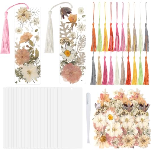 20 Sets Dried Flower Bookmark Making Kit Transparent Bookmark DIY Projects Craft Gift Bulk PET Sticker with Color Tassels and Tweezer for Classroom Activities Reading Award and Book Lovers (Boho)