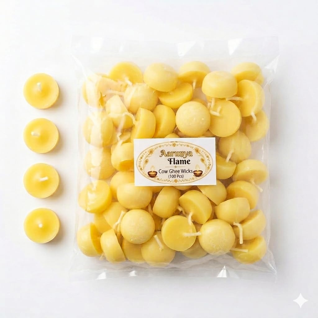 100 PIS ghee batti | Cow Ghee Diya Batti for Puja | Wax Free Pooja Ghee Batti for Festivals & Religious Rituals | Readymade Cotton Wicks (Yellow, 30+ Min Burning time)-image-30