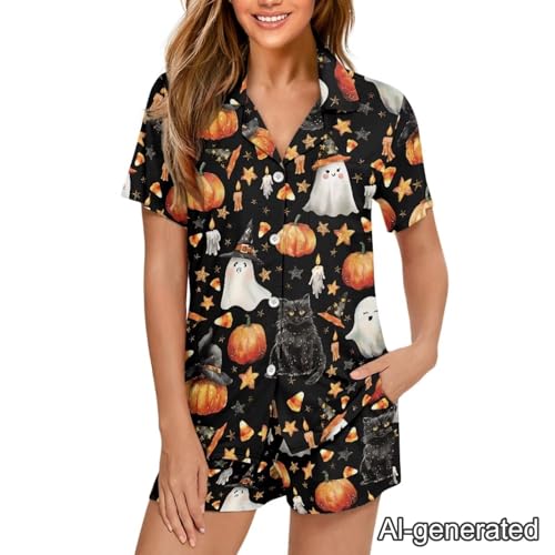 Image of Renewold Women's Short Sleeve Pajama Set Button Down Sleepwear with Notch Collar Soft Lounge Top and Shorts with Pockets