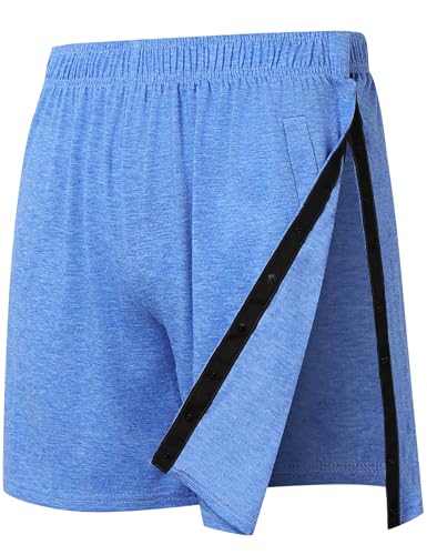 KGGEOO Mens Adaptive Snap Tear Away Shorts Post Surgery Knee Hip Recovery Breakaway Shorts Dual Side Pocket Easy Wear Blue