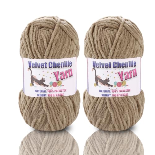 Image of 2 * 100g /3.5oz Fluffy Chenille Yarn for Crocheting, Chunky Velvet Yarn for Crochet Amigurumi, Used for Making Baby Yarns Blanket, Clothes, Pattern Knitting Creations (2- Khaki)