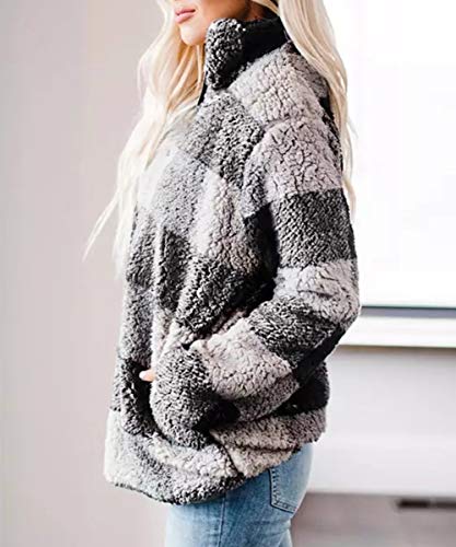 ZESICA Women's Plaid Long Sleeve Zipper Sherpa Fleece Sweatshirt Pullover Jacket Coat with Pockets Grey