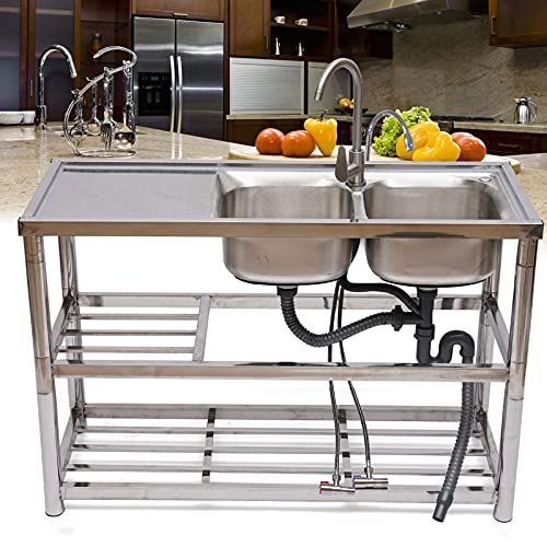 image for Eapmic Free Standing Stainless-Steel Double Bowl Sink, Commercial Rest