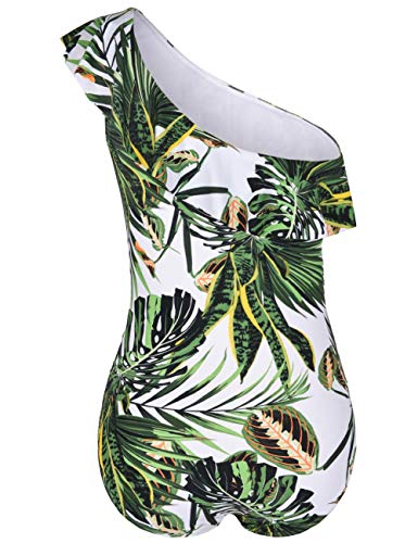 Hilor Women's One Piece Swimsuits One Shoulder Swimwear Asymmetric Ruffle Monokinis Bathing Suits Green Leaf 16 #TOP5