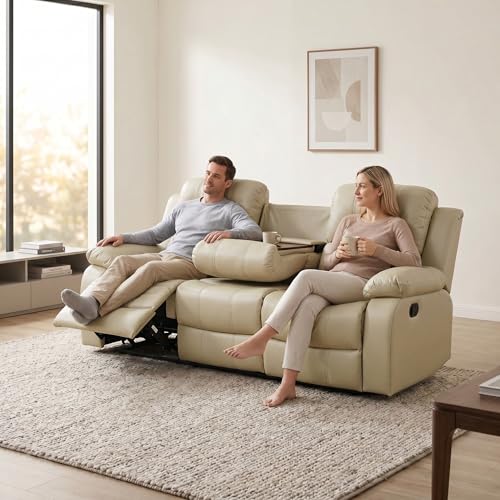 Image of Leather Power Recliner Sofa Set, Leather Recliner Couch Sets with Multi Angle Reclining, 3 Piece Sectional Sofa with USB Charging Port for Home Theater, Living Room, Office, Beige