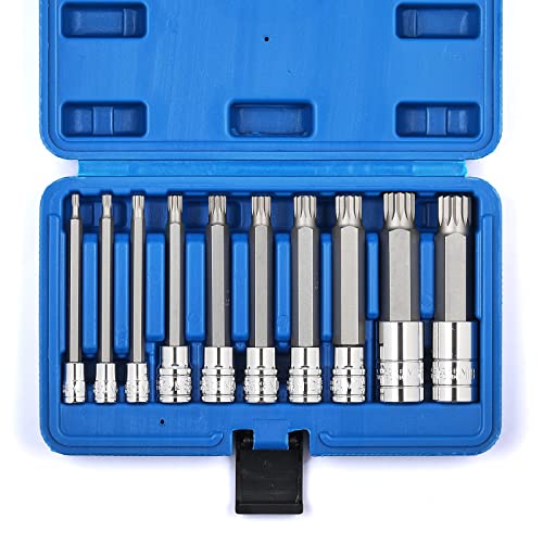 AIRTOON 10PCS Triple Square Spline Bit Socket Set, Extra Long 4'' Length, M4-M18, S2 and Cr-V Steel, XZN Spline Tip Bit Socket Set for most European Vehicles