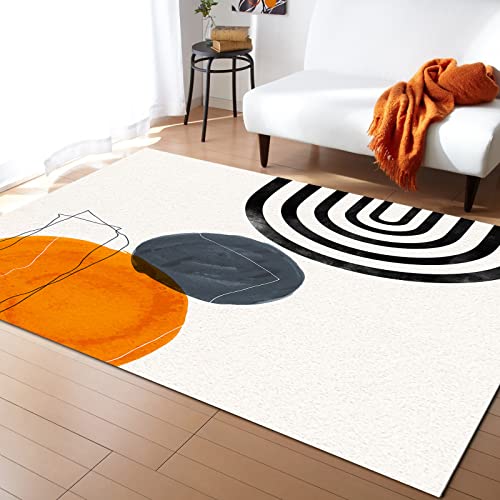 Contemporary Non-Slip Area Rug Mid Century Boho Modern Geometric Orange Circle Art Carnival Rubber Backing Living Room Floor Mats Rectangle Area Rug Carpet For Indoor 5' X 7' #TOP9