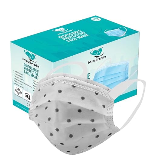 Medinain 3 Ply, Black Dot Printed and Disposable With Built-In Adjustable Nose Pin, 95% Filtration CE, and ISO and WHO-GMP Certified Pharmaceutical Surgical Face Mask