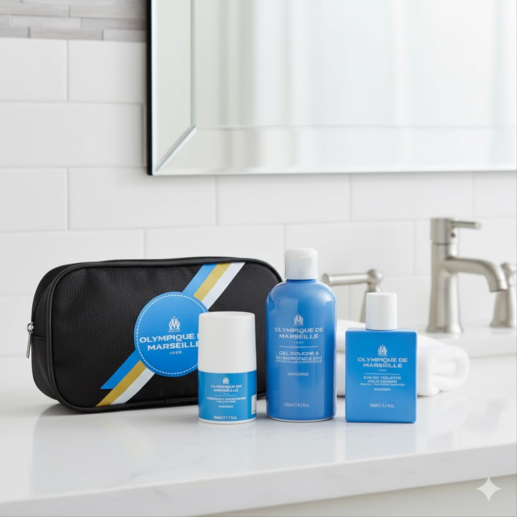 OLYMPIQUE DE MARSEILLE Coffret Cadeau OM Homme, Trousse de Toilette avec Gel Douche 250ml, Déodorant 50ml, Eau de Toilette 50ml