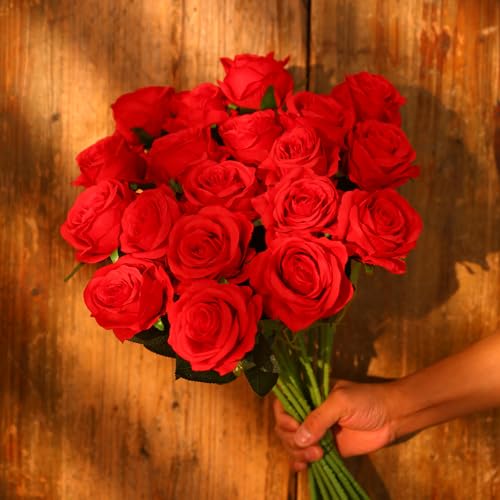 JUSTOYOU 20 PCS Red Rose Artificial Flower,Silk Blooming Rose with Stem,Artificial Rose Bouquet Realistic Flower for Home Table Office Party Wedding Garden Arrangements(Blossom Roses red) - Image 2