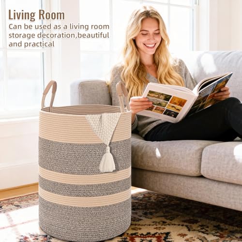 Image of Large Laundry Basket, Laundry Hamper with Leather Handles, 90L Woven Dirty Clothes Hamper, Rope Hampers for Bedroom, Barthroom, Dark Brown