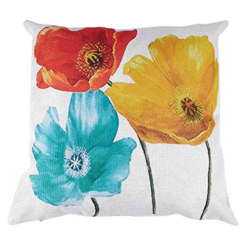 SuanQ Flax Housse De Coussin Carrée Décorative Throw d'oreiller Belle Tricolore Rouge Jaune Bleu Fleurs De Pavot Cadeau Anniversaire Jour Présente 45 X 45 Cm Cover