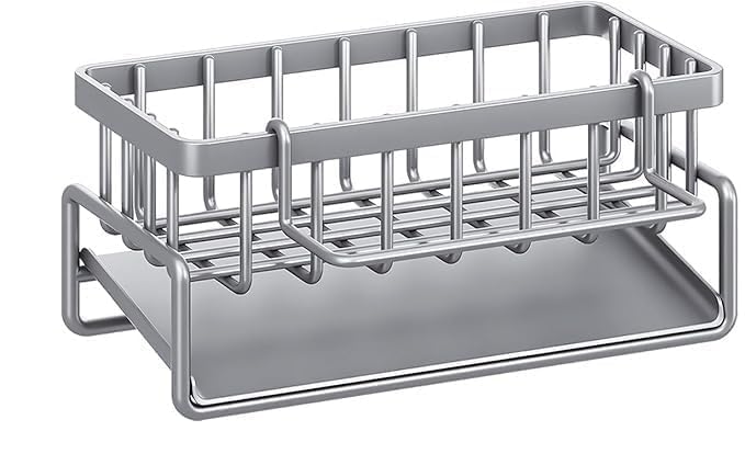 Image of BELOXY Metal Sponge Holder for Kitchen - Auto-Draining Organizer Caddy with Soap Tray, Dish Brush Holder & Towel Bar - Large Capacity Kitchen Sink Storage Rack (Matte Black)