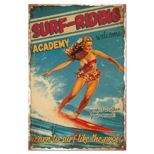 GLOBLELAND Panneau en Métal Vintage Pin Up Lady 8x12Pouce Rétro Surf Sur la Mer Panneau de Porte Drôle en Étain Panneaux de Grotte pour la Maison les Bars...