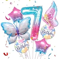 Jiusely Age 7 Birthday Decorations - Number 7 Gradient Balloons, 7 Butterfly Foil Balloons, 7 Birthday Party Supplies