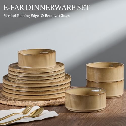 Image of E-far 16 Piece Dinnerware Sets, Plates and Bowls with Pasta Bowls Service for 4, Modern Stoneware Ribbed Dishes for Kitchen Dining, Microwave & Dishwasher Safe, Caramel Khaki