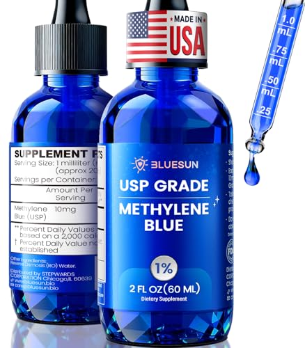 Bluesun 1% Methylene Blue Drops - USP Grade 60ml (2 fl oz) - Third Party Tested - Pharmaceutical Quality - Amber Glass Jar - Certificate of Authenticity Included - Formald Free