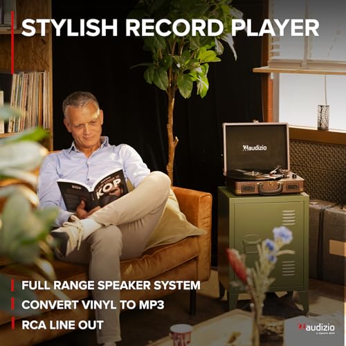 Audizio RP114W Briefcase Vinyl Record Player with Built-in Speakers, Retro Portable Wood Turntable, 3-Speed (33 1/3, 45, 78 RPM), USB Encoding, RCA & AUX Inputs, Headphone Output